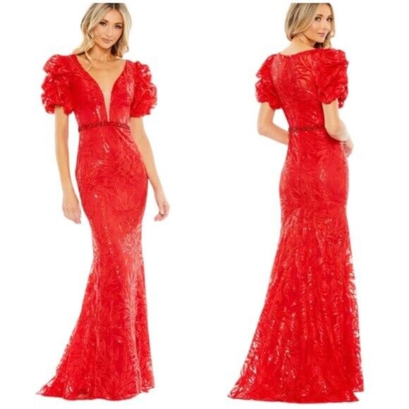 NEW MAC DUGGAL EMBELLISHED PUFF SLEEVE PLUNGED NECK TRUMPET LACE RED 12421 - Picture 4 of 9